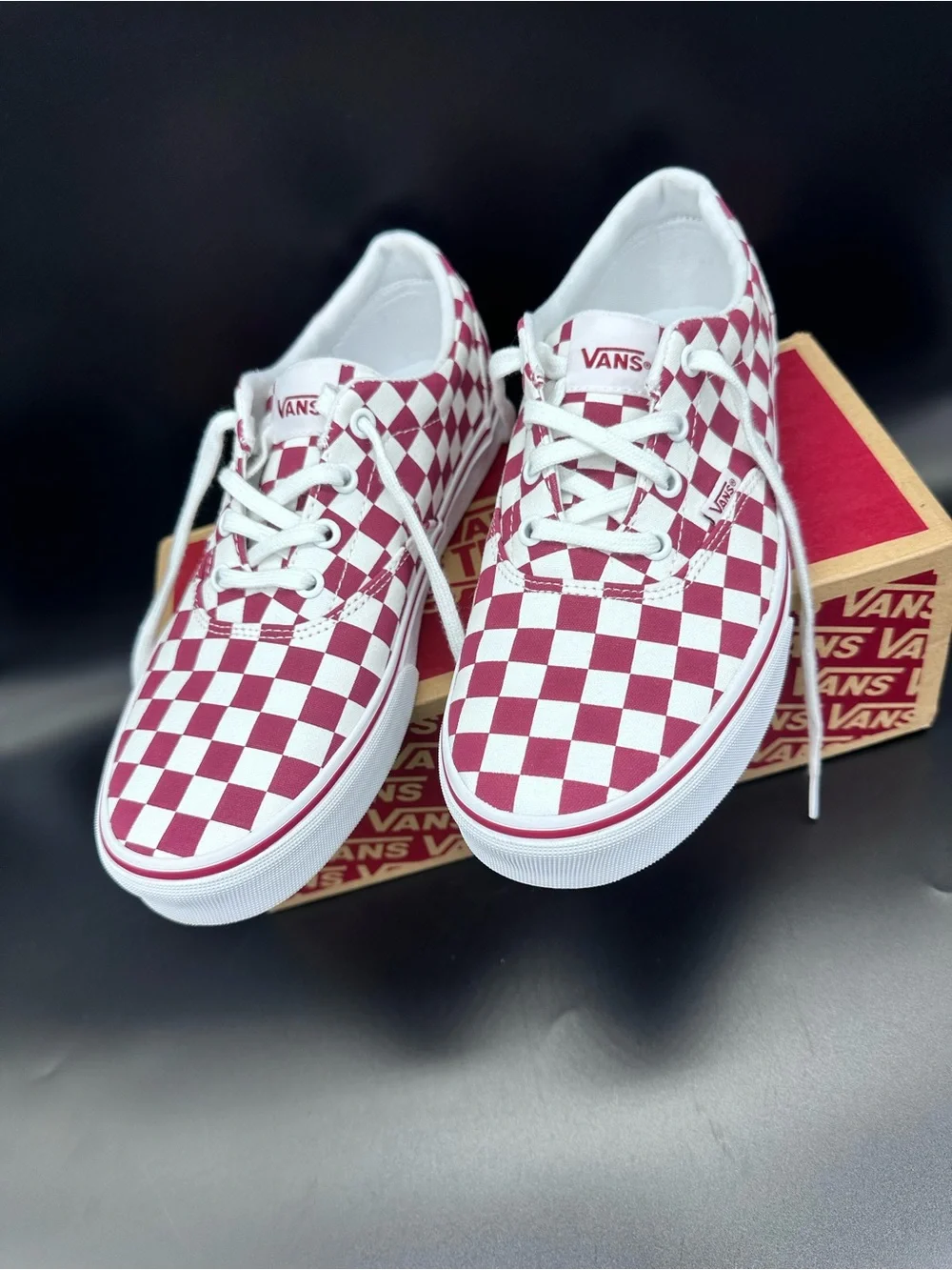 Size 9.5 Vans Doheny Checkerboard Women’s Burgundy Red White Canvas Skate Shoes